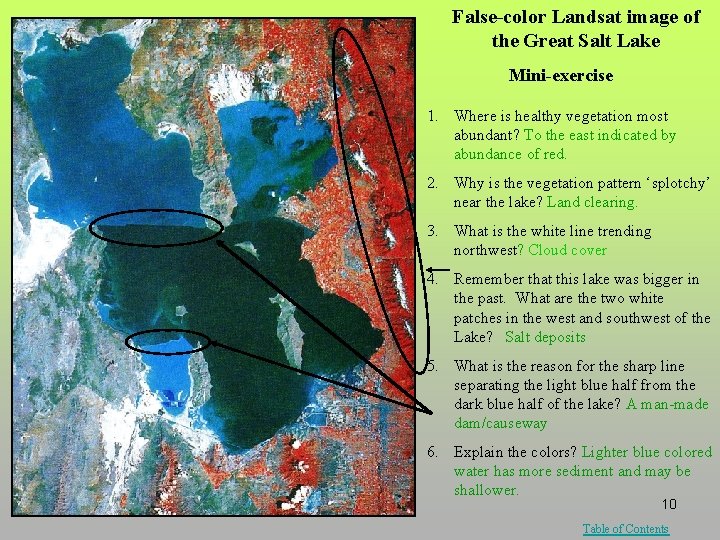 False-color Landsat image of the Great Salt Lake Mini-exercise 1. Where is healthy vegetation False-color Landsat image of the Great Salt Lake Mini-exercise 1. Where is healthy vegetation