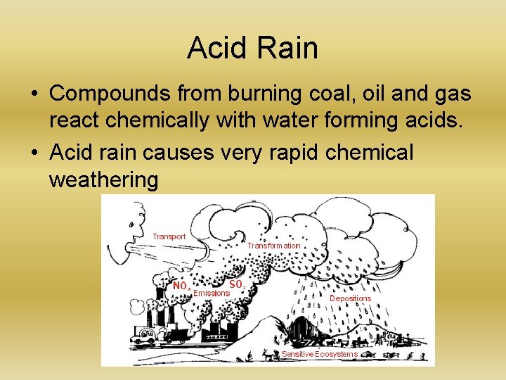 Acid Rain • Compounds from burning coal, oil and gas react chemically with water