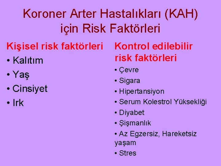 Koroner Arter Hastalıkları (KAH) için Risk Faktörleri Kişisel risk faktörleri • Kalıtım • Yaş