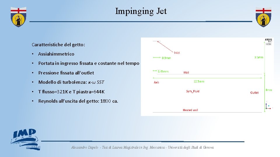 Impinging Jet Caratteristiche del getto: • Assialsimmetrico • Portata in ingresso fissata e costante