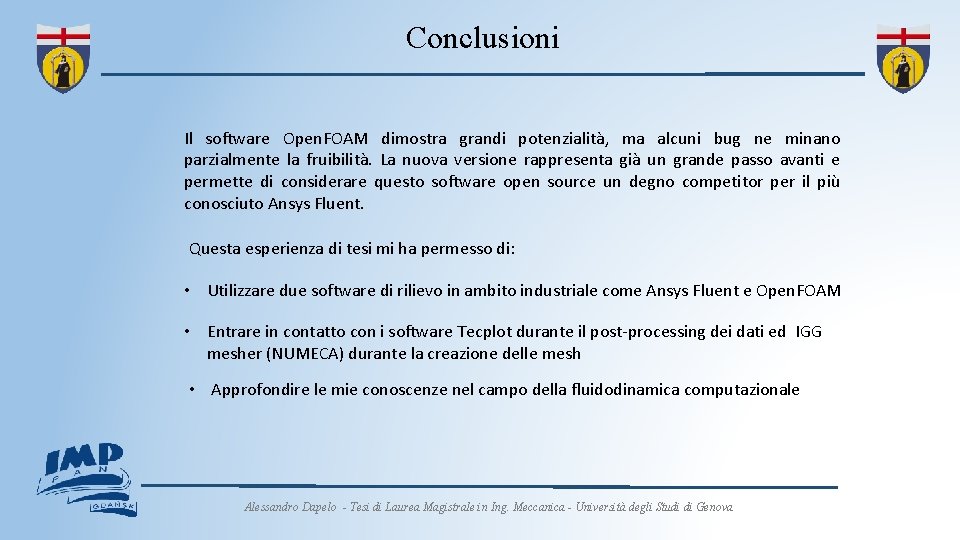 Conclusioni Il software Open. FOAM dimostra grandi potenzialità, ma alcuni bug ne minano parzialmente