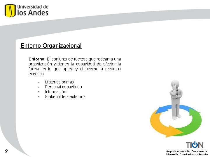 Entorno Organizacional Entorno: El conjunto de fuerzas que rodean a una organización y tienen