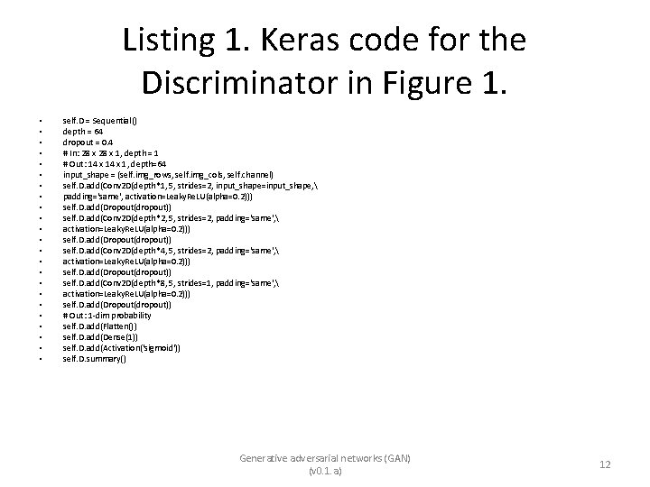 Listing 1. Keras code for the Discriminator in Figure 1. • • • •