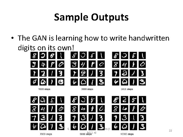 Sample Outputs • The GAN is learning how to write handwritten digits on its