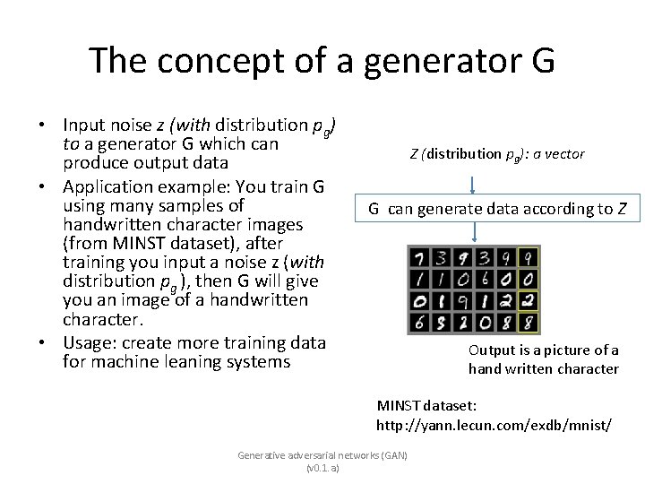 The concept of a generator G • Input noise z (with distribution pg) to