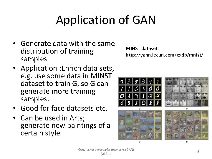 Application of GAN • Generate data with the same distribution of training samples •