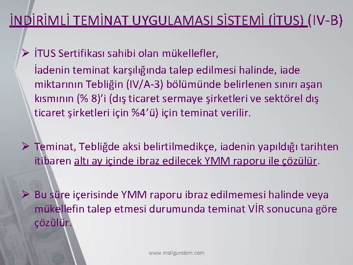 İNDİRİMLİ TEMİNAT UYGULAMASI SİSTEMİ (İTUS) (IV-B) Ø İTUS Sertifikası sahibi olan mükellefler, İadenin teminat