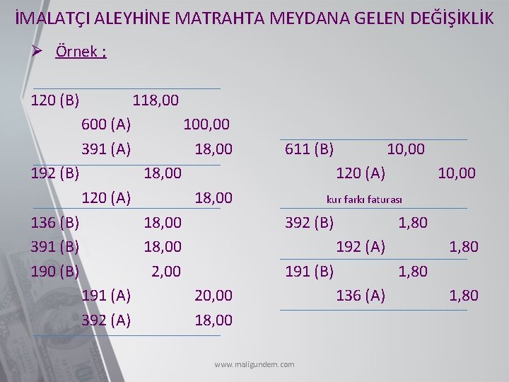 İMALATÇI ALEYHİNE MATRAHTA MEYDANA GELEN DEĞİŞİKLİK Ø Örnek ; 120 (B) 118, 00 600