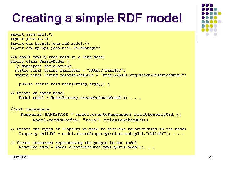 Creating a simple RDF model import java. util. *; java. io. *; com. hpl.