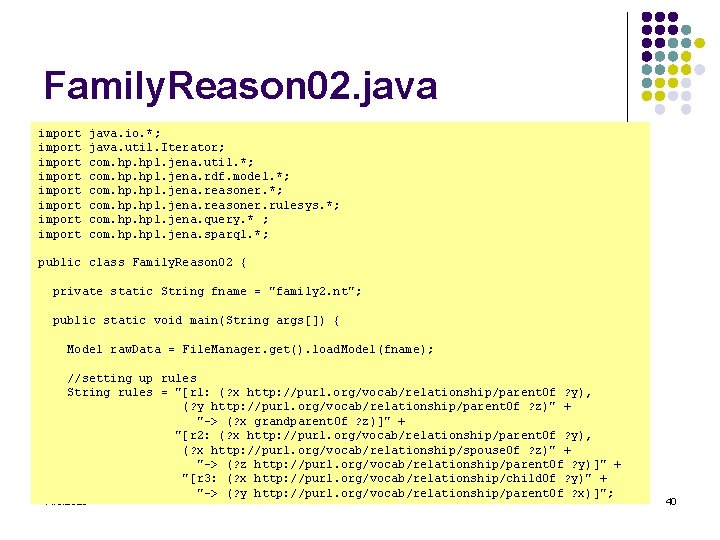 Family. Reason 02. java import import java. io. *; java. util. Iterator; com. hpl.