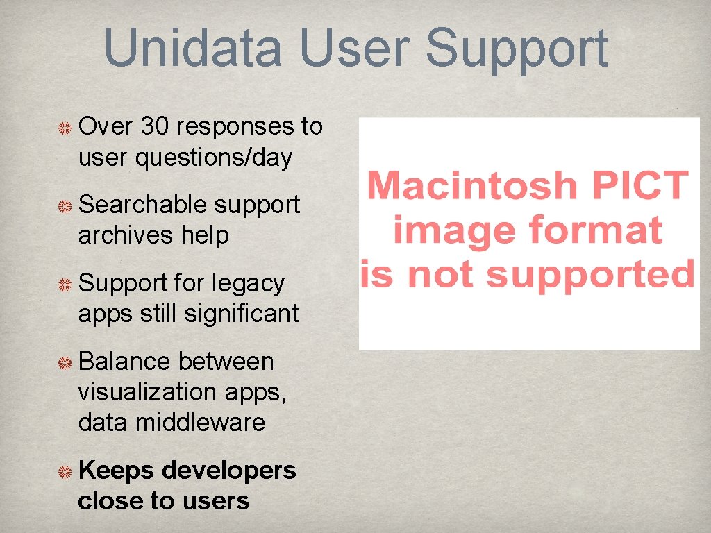Unidata User Support Over 30 responses to user questions/day Searchable support archives help Support
