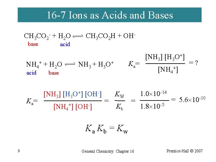 16 -7 Ions as Acids and Bases CH 3 CO 2 - + H