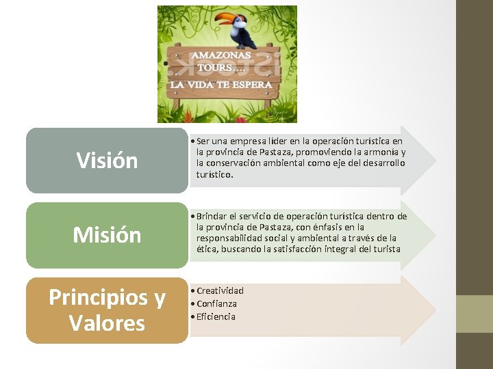  • Visión • Ser una empresa líder en la operación turística en la