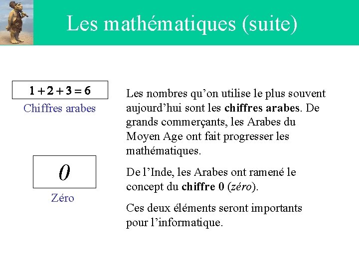 Les mathématiques (suite) 1+2+3=6 Chiffres arabes 0 Zéro Les nombres qu’on utilise le plus