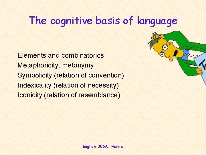 The cognitive basis of language Elements and combinatorics Metaphoricity, metonymy Symbolicity (relation of convention)