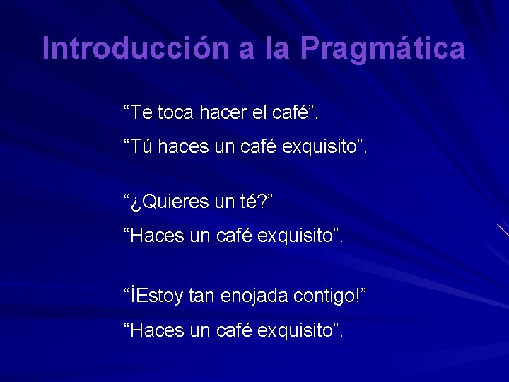 Introducción a la Pragmática “Te toca hacer el café”. “Tú haces un café exquisito”.