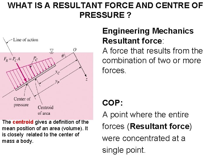 WHAT IS A RESULTANT FORCE AND CENTRE OF PRESSURE ? Engineering Mechanics Resultant force: