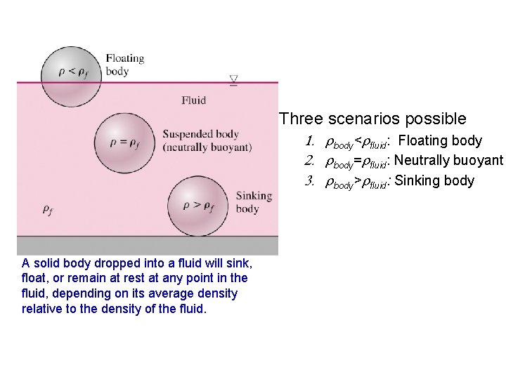 Three scenarios possible 1. rbody<rfluid: Floating body 2. rbody=rfluid: Neutrally buoyant 3. rbody>rfluid: Sinking