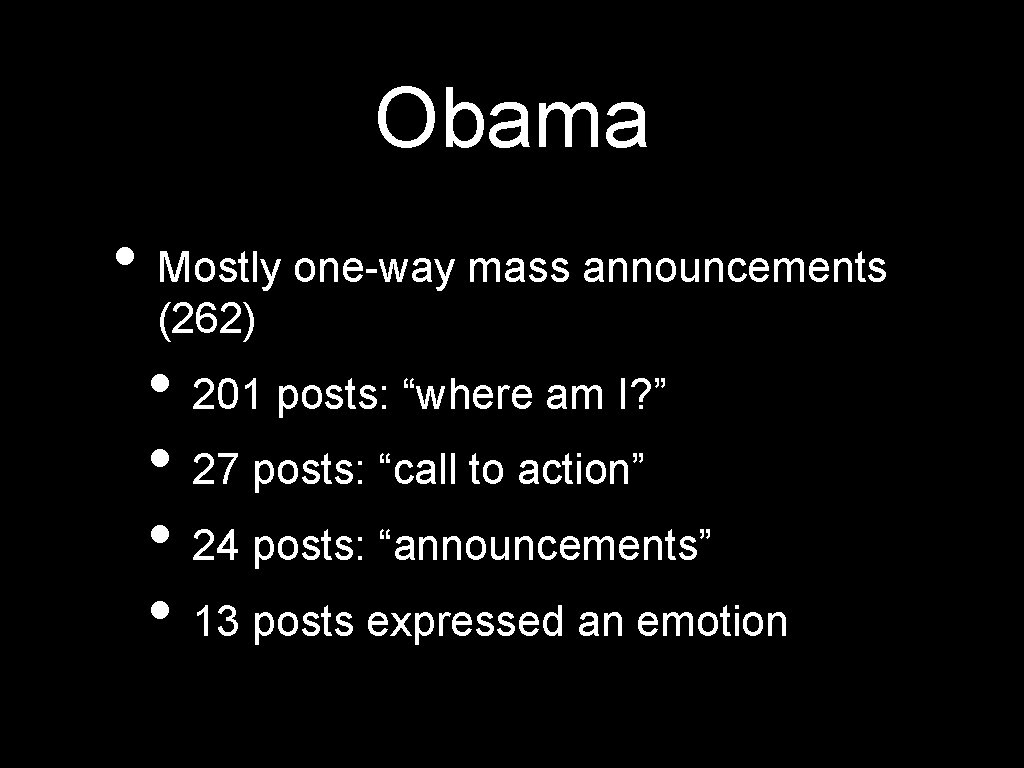 Obama • Mostly one-way mass announcements (262) • 201 posts: “where am I? ”