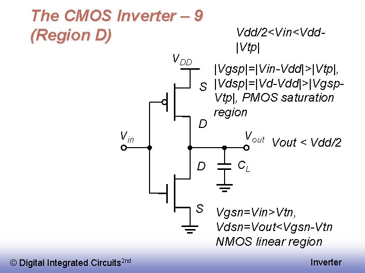 The CMOS Inverter – 9 (Region D) V DD V in |Vgsp|=|Vin-Vdd|>|Vtp|, S |Vdsp|=|Vd-Vdd|>|Vgsp.