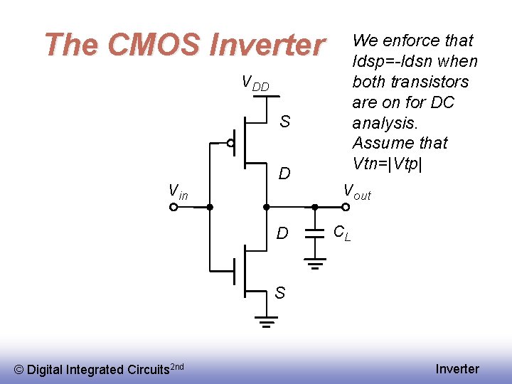 The CMOS Inverter We enforce that Idsp=-Idsn when both transistors are on for DC