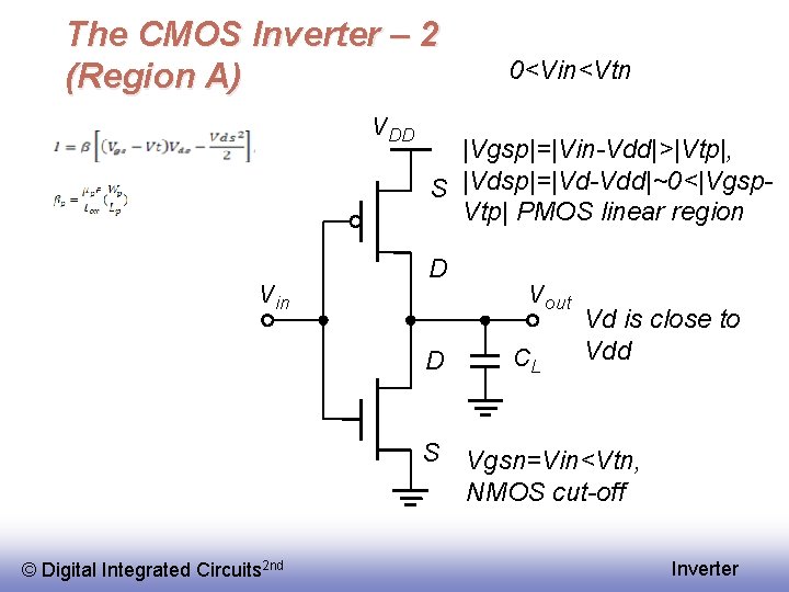 The CMOS Inverter – 2 (Region A) V DD V in |Vgsp|=|Vin-Vdd|>|Vtp|, S |Vdsp|=|Vd-Vdd|~0<|Vgsp.
