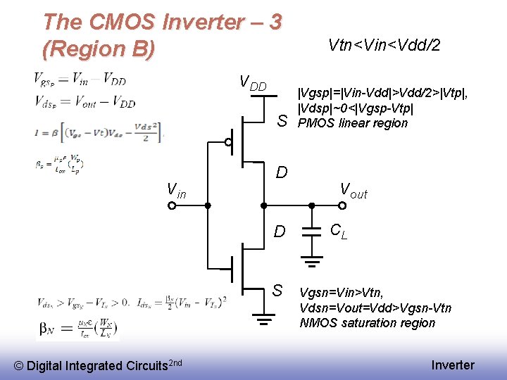 The CMOS Inverter – 3 (Region B) V DD S V in D D