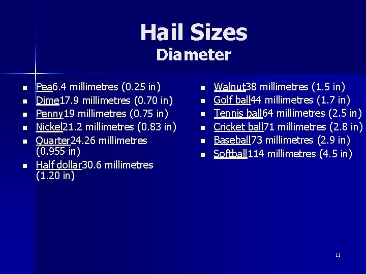 Hail Sizes Diameter n n n Pea 6. 4 millimetres (0. 25 in) Dime