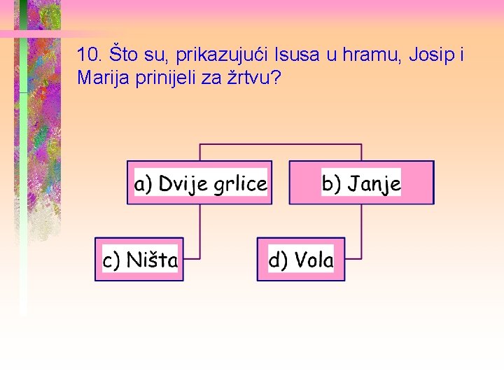 10. Što su, prikazujući Isusa u hramu, Josip i Marija prinijeli za žrtvu? 