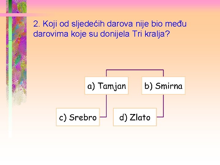 2. Koji od sljedećih darova nije bio među darovima koje su donijela Tri kralja?