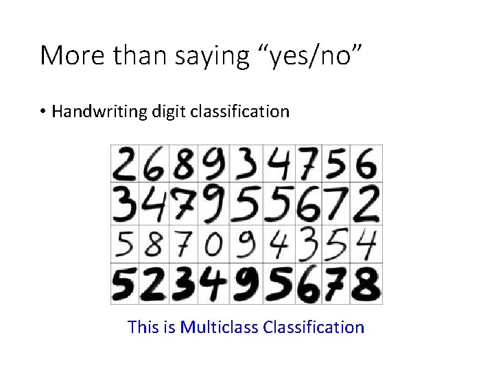 More than saying “yes/no” • Handwriting digit classification This is Multiclass Classification 