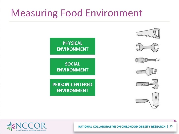 Measuring Food Environment PHYSICAL ENVIRONMENT SOCIAL ENVIRONMENT PERSON-CENTERED ENVIRONMENT 15 