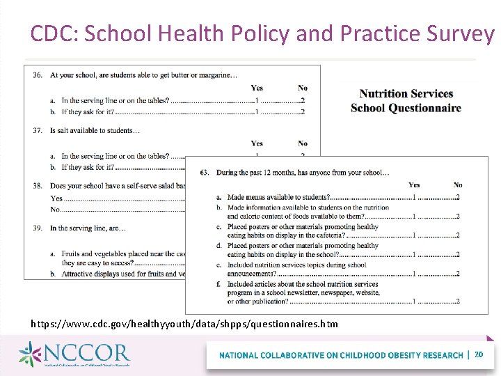CDC: School Health Policy and Practice Survey https: //www. cdc. gov/healthyyouth/data/shpps/questionnaires. htm 20 