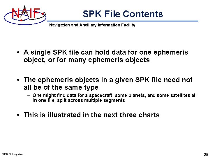 N IF SPK File Contents Navigation and Ancillary Information Facility • A single SPK