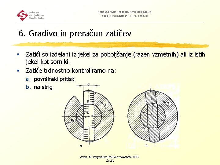 SNOVANJE IN KONSTRUIRANJE Strojni tehnik PTI – 1. letnik 6. Gradivo in preračun zatičev