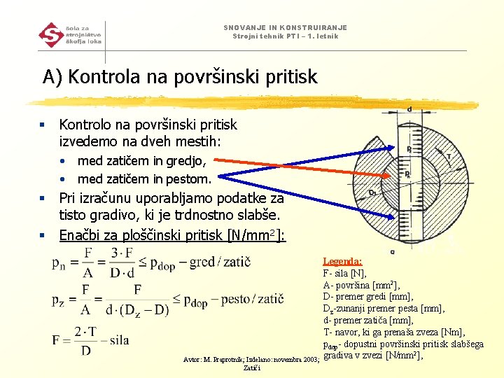 SNOVANJE IN KONSTRUIRANJE Strojni tehnik PTI – 1. letnik A) Kontrola na površinski pritisk