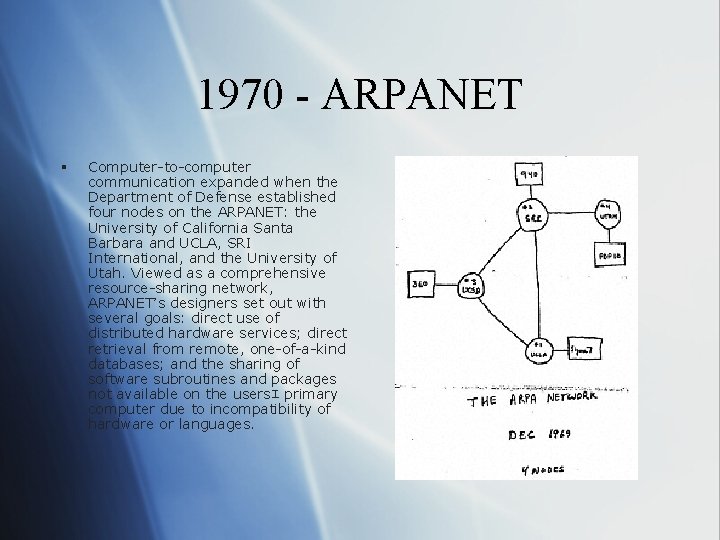 1970 - ARPANET § Computer-to-computer communication expanded when the Department of Defense established four