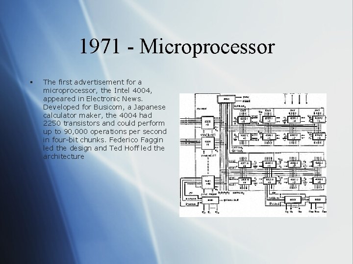 1971 - Microprocessor § The first advertisement for a microprocessor, the Intel 4004, appeared