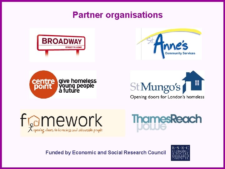 Partner organisations Funded by Economic and Social Research Council 