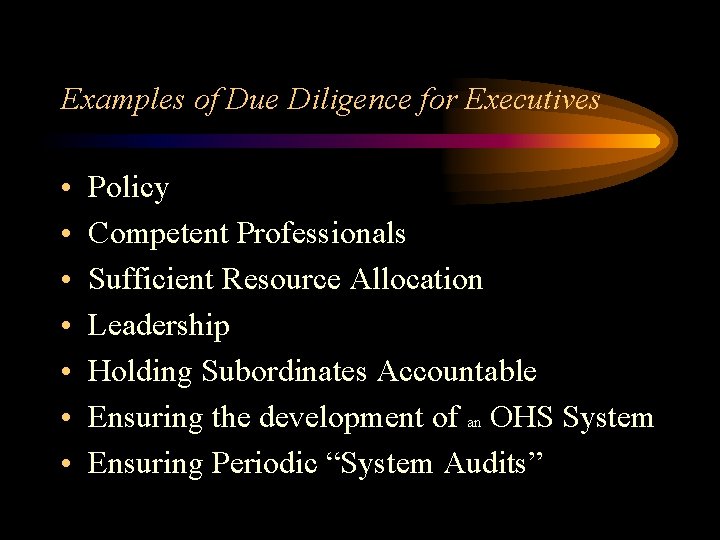 Examples of Due Diligence for Executives • • Policy Competent Professionals Sufficient Resource Allocation