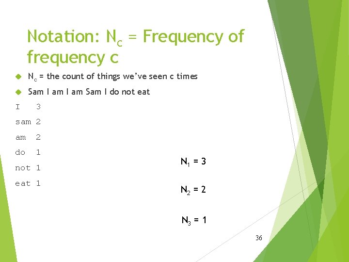 Notation: Nc = Frequency of frequency c Nc = the count of things we’ve