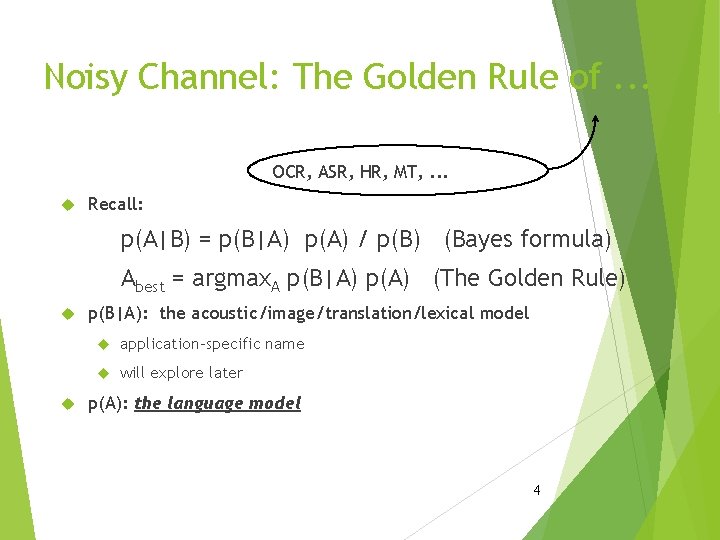 Noisy Channel: The Golden Rule of. . . OCR, ASR, HR, MT, . .