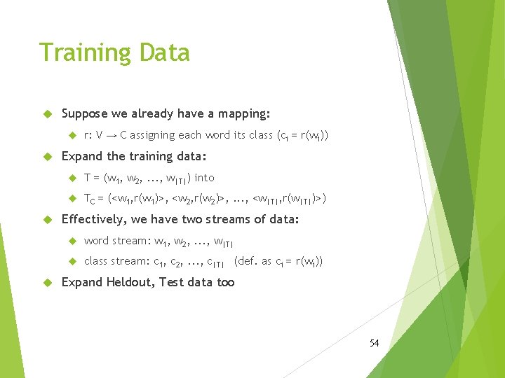 Training Data Suppose we already have a mapping: r: V → C assigning each