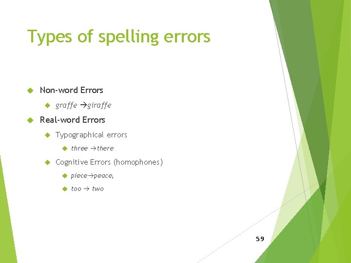 Types of spelling errors Non-word Errors graffe giraffe Real-word Errors Typographical errors three there