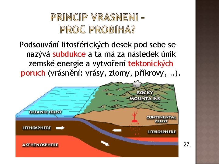 Podsouvání litosférických desek pod sebe se nazývá subdukce a ta má za následek únik Podsouvání litosférických desek pod sebe se nazývá subdukce a ta má za následek únik