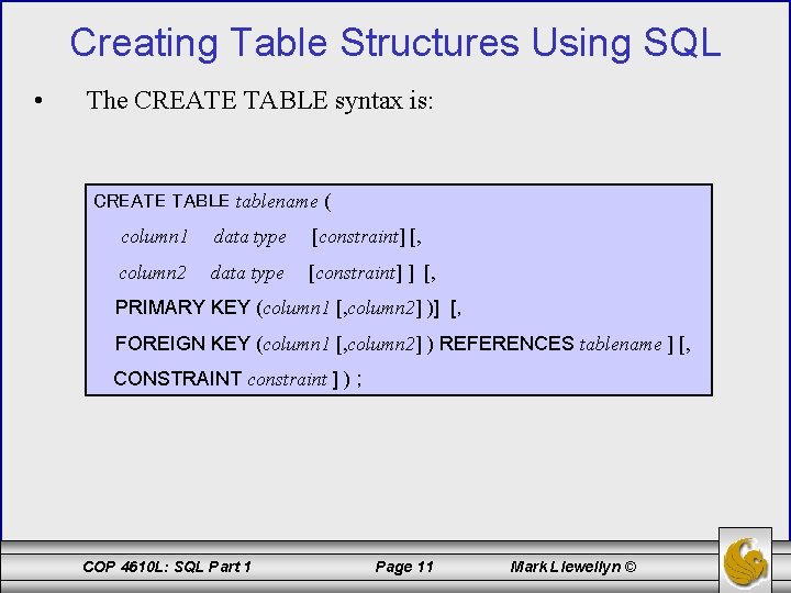 Creating Table Structures Using SQL • The CREATE TABLE syntax is: CREATE TABLE tablename