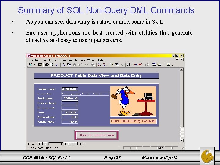 Summary of SQL Non-Query DML Commands • As you can see, data entry is