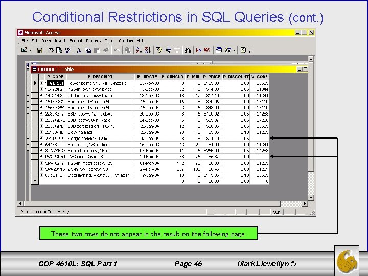 Conditional Restrictions in SQL Queries (cont. ) These two rows do not appear in