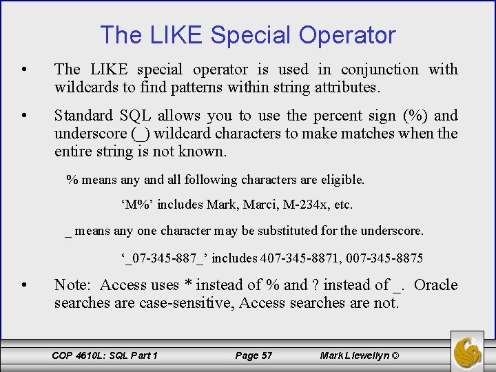 The LIKE Special Operator • The LIKE special operator is used in conjunction with