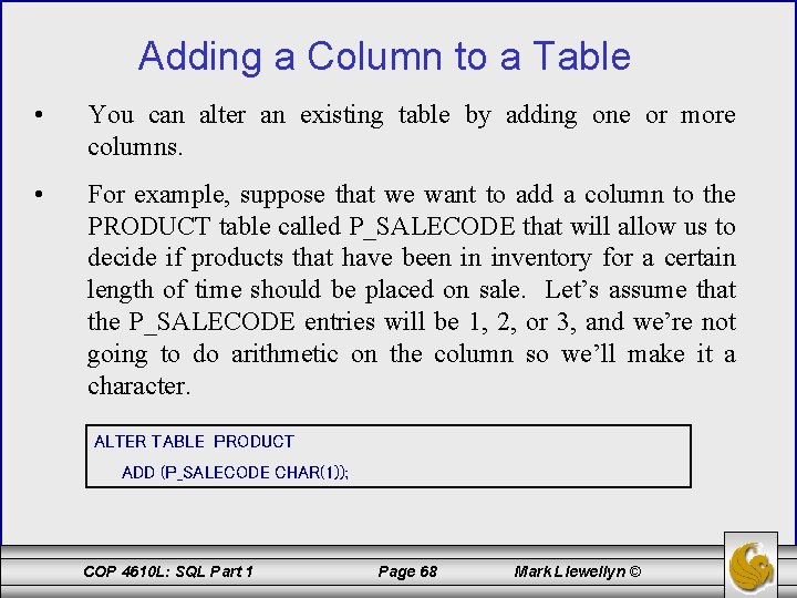 Adding a Column to a Table • You can alter an existing table by